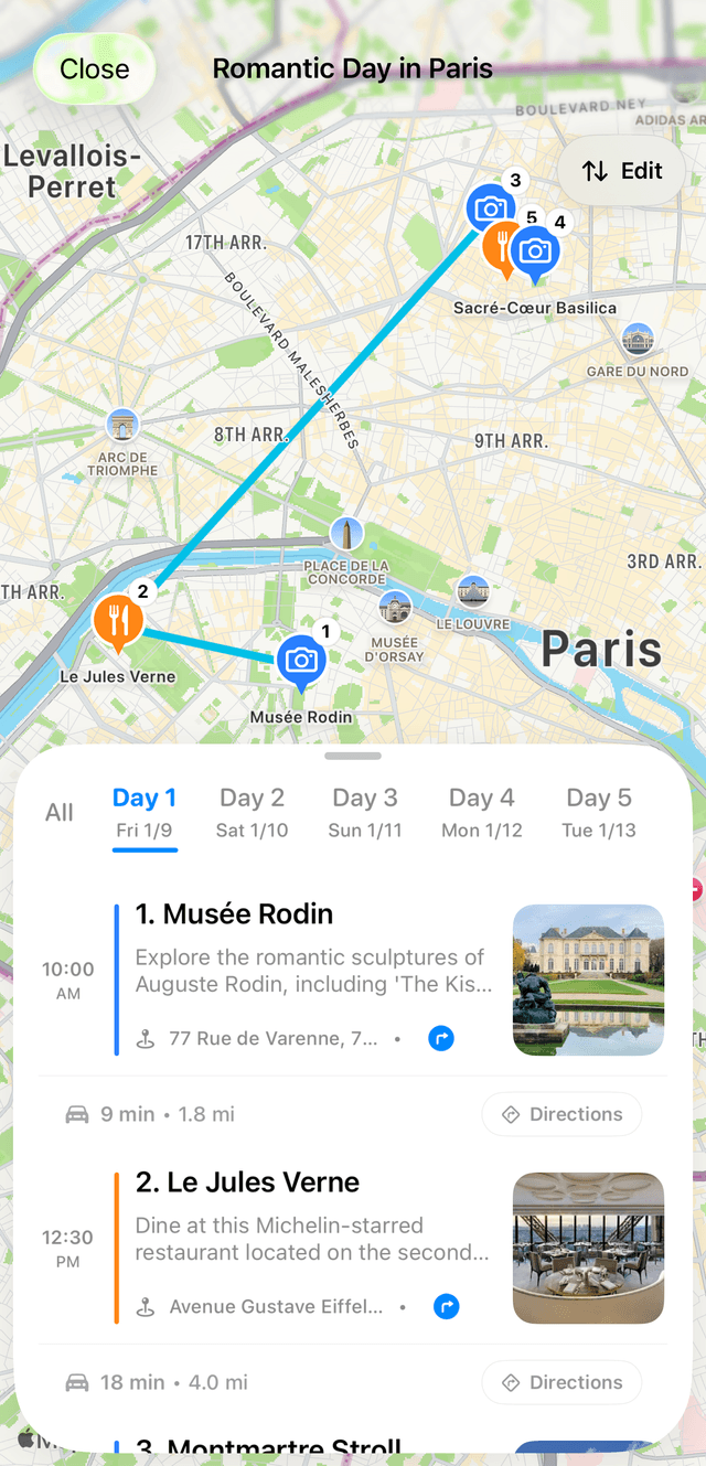 Trip map with route and pins